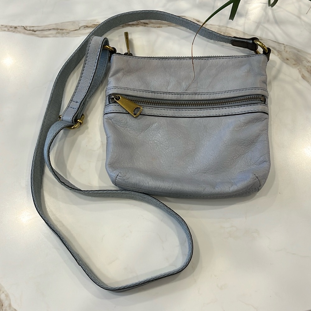 EUC Fossil Mini Piper leather silver finish cross body bag brass hardware